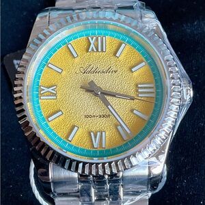 NIB Handsome Addiesdive Watch Teal/Yellow Grainy Dial